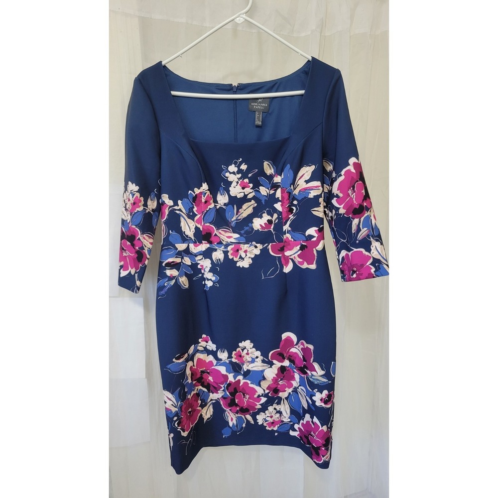 Adrianna Papell Border Floral Midi Dress Women Sheath Dress Square Neck Sz 8